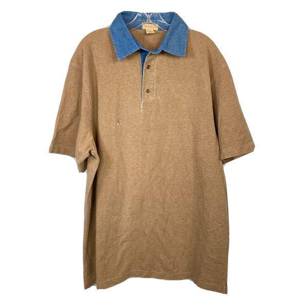 NWT Saddlebred Polo Shirt Mens Sz L Tan Brown Cotton Short Sleeve Denim‎ Collar - Picture 1 of 9